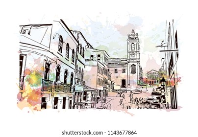 Landmark and building view of The Historic Center of Salvador, Bahia, Brazil. Watercolor splash with hand drawn sketch illustration in vector.