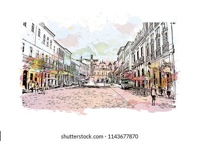 Landmark and building view of The Historic Center of Salvador, Bahia, Brazil. Watercolor splash with hand drawn sketch illustration in vector.