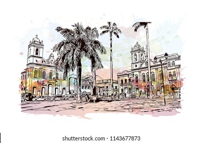 Landmark and building view of The Historic Center of Salvador, Bahia, Brazil. Watercolor splash with hand drawn sketch illustration in vector.