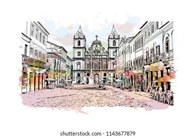 Landmark and building view of The Historic Center of Salvador, Bahia, Brazil. Watercolor splash with hand drawn sketch illustration in vector.