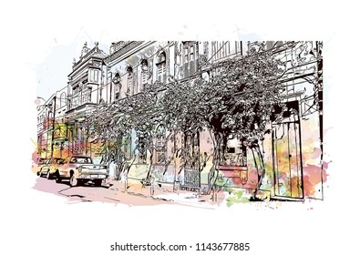 Landmark and building view of The Historic Center of Salvador, Bahia, Brazil. Watercolor splash with hand drawn sketch illustration in vector.