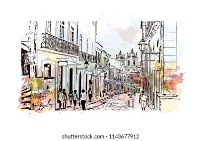 Landmark and building view of The Historic Center of Salvador, Bahia, Brazil. Watercolor splash with hand drawn sketch illustration in vector.