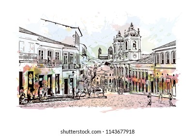 Landmark and building view of The Historic Center of Salvador, Bahia, Brazil. Watercolor splash with hand drawn sketch illustration in vector.