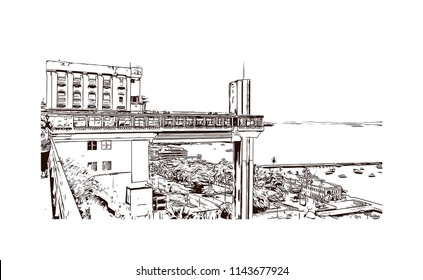 Landmark and building view of The Historic Center of Salvador, Bahia, Brazil. Hand drawn sketch illustration in vector.