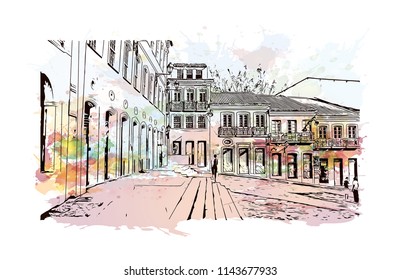 Landmark and building view of The Historic Center of Salvador, Bahia, Brazil. Watercolor splash with hand drawn sketch illustration in vector.