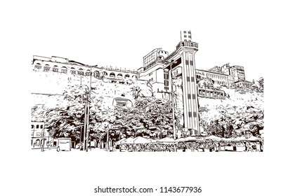 Landmark and building view of The Historic Center of Salvador, Bahia, Brazil. Hand drawn sketch illustration in vector.