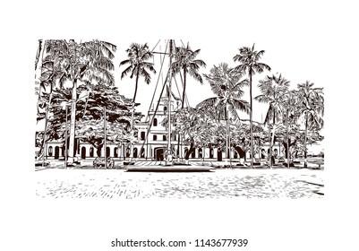Landmark and building view of The Historic Center of Salvador, Bahia, Brazil. Hand drawn sketch illustration in vector.