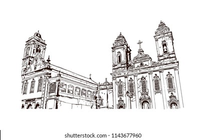 Landmark and building view of The Historic Center of Salvador, Bahia, Brazil. Hand drawn sketch illustration in vector.