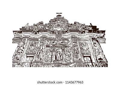 Landmark and building view of The Historic Center of Salvador, Bahia, Brazil. Hand drawn sketch illustration in vector.