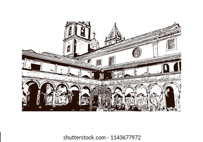 Landmark and building view of The Historic Center of Salvador, Bahia, Brazil. Hand drawn sketch illustration in vector.