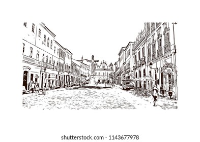 Landmark and building view of The Historic Center of Salvador, Bahia, Brazil. Hand drawn sketch illustration in vector.