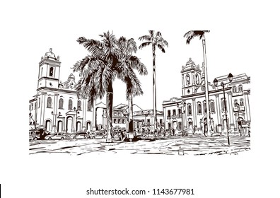 Landmark and building view of The Historic Center of Salvador, Bahia, Brazil. Hand drawn sketch illustration in vector.