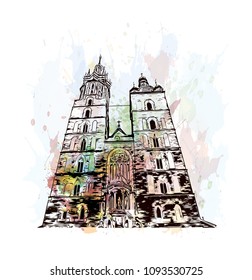 Landmark with building view of Krakow, City in Poland. Watercolor splash with Hand drawn sketch illustration in vector.