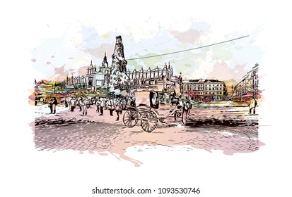 Landmark with building view of Krakow, City in Poland. Watercolor splash with Hand drawn sketch illustration in vector.