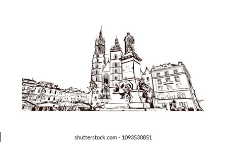 Landmark with building view of Krakow, City in Poland. Hand drawn sketch illustration in vector.