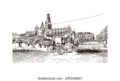 Landmark with building view of Krakow, City in Poland. Hand drawn sketch illustration in vector.