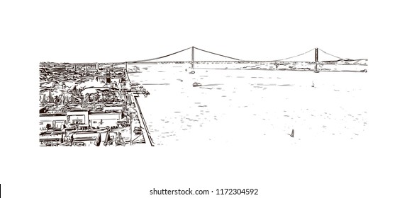 Landmark building view of Lisbon is Portugal’s hilly, coastal capital city. Hand drawn sketch illustration in vector.