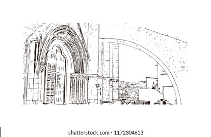 Landmark building view of Lisbon is Portugal’s hilly, coastal capital city. Hand drawn sketch illustration in vector.