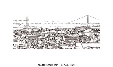Landmark building view of Lisbon is Portugal’s hilly, coastal capital city. Hand drawn sketch illustration in vector.
