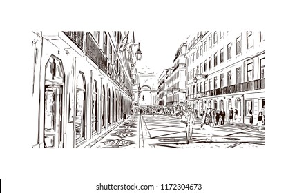 Landmark building view of Lisbon is Portugal’s hilly, coastal capital city. Hand drawn sketch illustration in vector.
