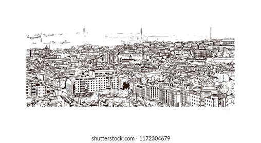 Landmark building view of Lisbon is Portugal’s hilly, coastal capital city. Hand drawn sketch illustration in vector.