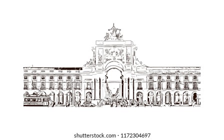 Landmark building view of Lisbon is Portugal’s hilly, coastal capital city. Hand drawn sketch illustration in vector.