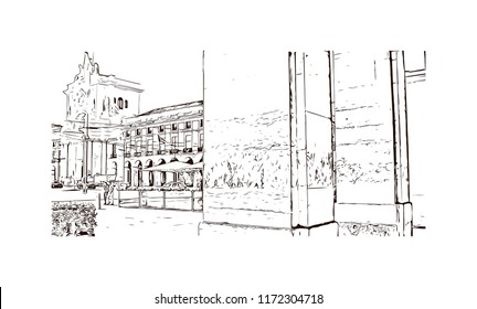 Landmark building view of Lisbon is Portugal’s hilly, coastal capital city. Hand drawn sketch illustration in vector.