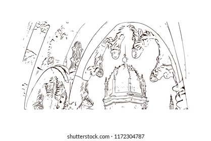 Landmark building view of Lisbon is Portugal’s hilly, coastal capital city. Hand drawn sketch illustration in vector.