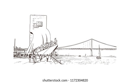 Landmark building view of Lisbon is Portugal’s hilly, coastal capital city. Hand drawn sketch illustration in vector.