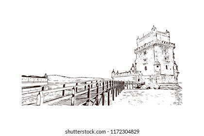 Landmark building view of Lisbon is Portugal’s hilly, coastal capital city. Hand drawn sketch illustration in vector.