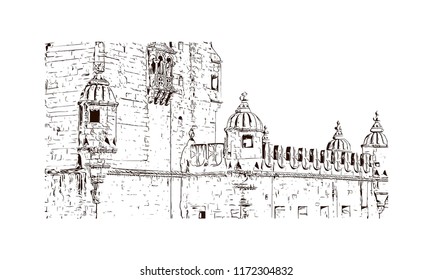 Landmark building view of Lisbon is Portugal’s hilly, coastal capital city. Hand drawn sketch illustration in vector.