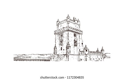 Landmark building view of Lisbon is Portugal’s hilly, coastal capital city. Hand drawn sketch illustration in vector.