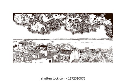 Landmark building view of Lisbon is Portugal’s hilly, coastal capital city. Watercolor splash with Hand drawn sketch illustration in vector.