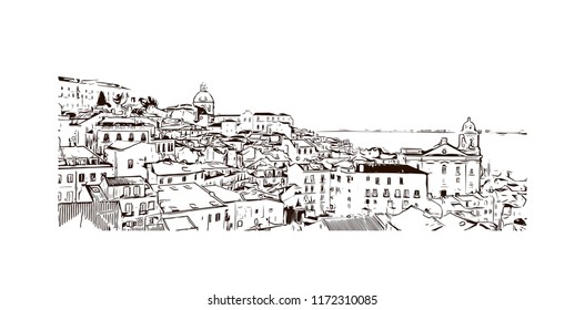 Landmark building view of Lisbon is Portugal’s hilly, coastal capital city. Watercolor splash with Hand drawn sketch illustration in vector.