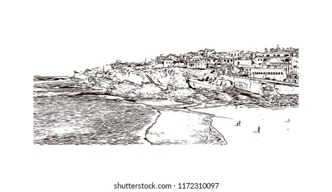 Landmark building view of Lisbon is Portugal’s hilly, coastal capital city. Watercolor splash with Hand drawn sketch illustration in vector.