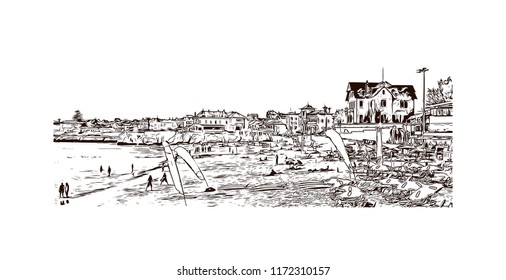 Landmark building view of Lisbon is Portugal’s hilly, coastal capital city. Watercolor splash with Hand drawn sketch illustration in vector.