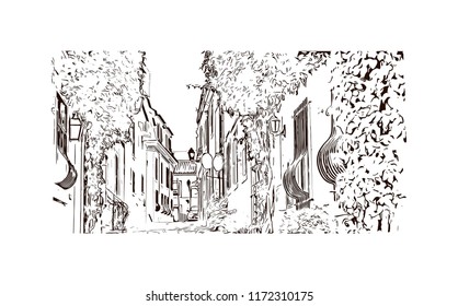 Landmark building view of Lisbon is Portugal’s hilly, coastal capital city. Watercolor splash with Hand drawn sketch illustration in vector.