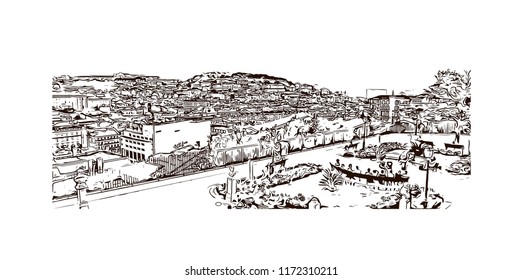 Landmark building view of Lisbon is Portugal’s hilly, coastal capital city. Watercolor splash with Hand drawn sketch illustration in vector.