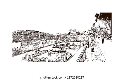 Landmark building view of Lisbon is Portugal’s hilly, coastal capital city. Watercolor splash with Hand drawn sketch illustration in vector.