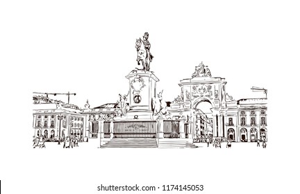 Landmark with building view of Lisbon is Portugal’s hilly, coastal capital city. Hand drawn sketch illustration in vector.