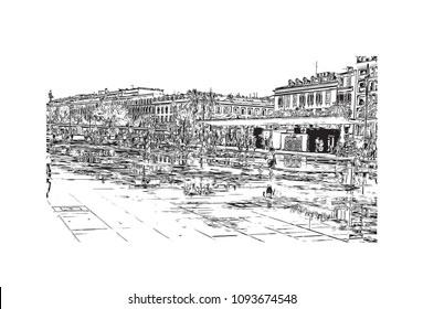 Landmark with building view of Nice, City in France. Watercolor splash with hand drawn sketch illustration in vector.