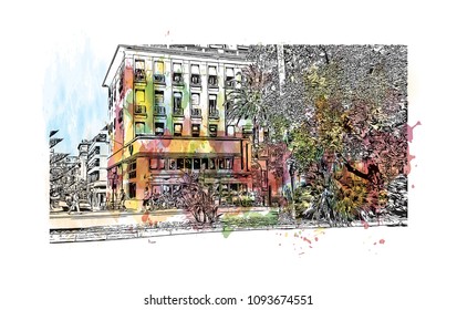 Landmark with building view of Nice, City in France. Watercolor splash with hand drawn sketch illustration in vector.