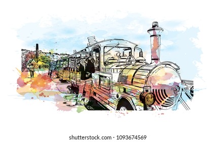 Landmark with building view of Nice, City in France. Watercolor splash with hand drawn sketch illustration in vector.