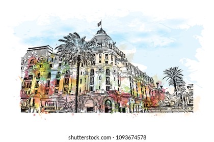 Landmark with building view of Nice, City in France. Watercolor splash with hand drawn sketch illustration in vector.