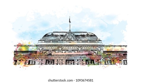 Landmark with building view of Nice, City in France. Watercolor splash with hand drawn sketch illustration in vector.