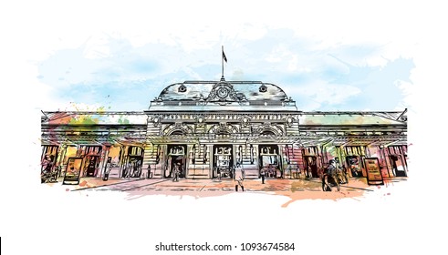 Landmark with building view of Nice, City in France. Watercolor splash with hand drawn sketch illustration in vector.