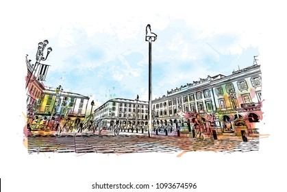 Landmark with building view of Nice, City in France. Watercolor splash with hand drawn sketch illustration in vector.