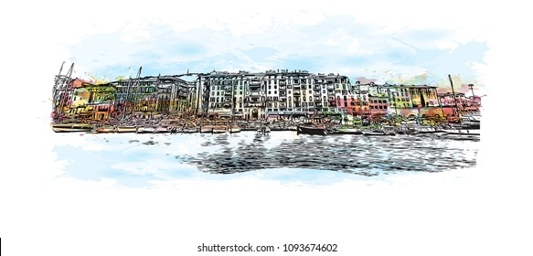 Landmark with building view of Nice, City in France. Watercolor splash with hand drawn sketch illustration in vector.