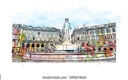 Landmark with building view of Nice, City in France. Watercolor splash with hand drawn sketch illustration in vector.