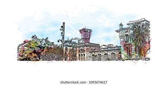 Landmark with building view of Nice, City in France. Watercolor splash with hand drawn sketch illustration in vector.